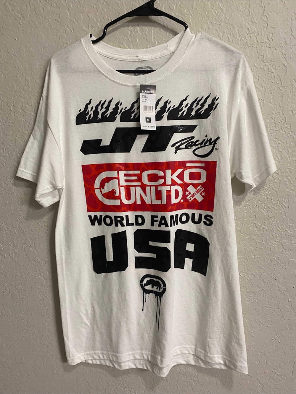 Ecko Unlimited White Short-Sleeve Graphic Racing USA Tee with Red Logo Panel